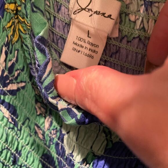 JAPNA BLUE GREEN FLORAL CUTOUT SMOCKED TIERED MAXI DRESS SIZE LARGE - Picture 9 of 10